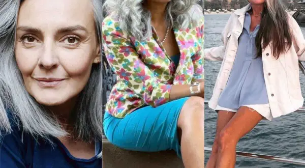 Trois femmes élégantes arborent fièrement leurs cheveux longs gris naturels, un style qui traverse le temps.