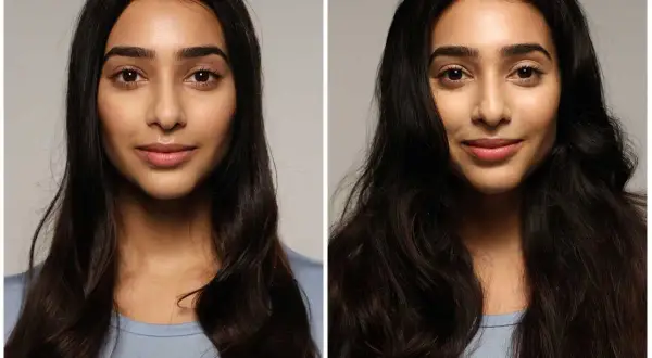 Avant/après : une femme aux cheveux bruns, lisses puis ondulés. Elle ne se rince pas les cheveux tous les jours.
