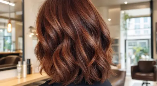 Chevelure ondulée aux reflets cuivrés, une transformation réussie de brune à rousse, mise en valeur dans un salon de coiffure moderne.