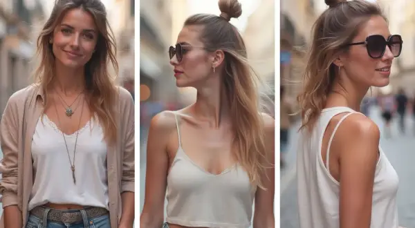 Trois portraits de femme avec un chignon haut. La première sourit, la deuxième porte des lunettes de soleil rondes, la troisième des lunettes de soleil oversize.