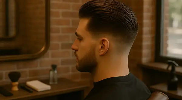 Un homme arbore une coupe de cheveux homme undercut avec un dégradé impeccable, le tout dans une ambiance de salon de coiffure.