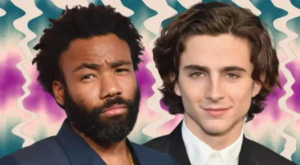 Donald Glover et Timothée Chalamet, deux styles de laisser pousser les cheveux homme, sur fond abstrait.
