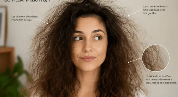 Une femme aux cheveux gonflés et indisciplinés, expliquant pourquoi mes cheveux gonflent à cause de l'humidité et de la cuticule soulevée.