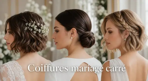 Trois mariées aux cheveux carrés : l'une ornée de fleurs, l'autre en chignon élégant, la troisième avec une tresse sur le côté.