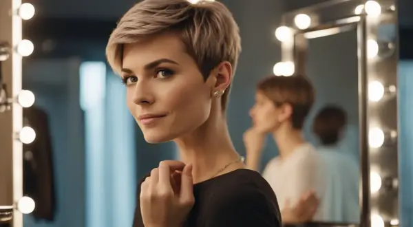 Une femme au regard confiant arbore une coupe pixie rasé, se préparant devant un miroir éclairé.
