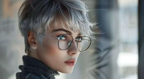 Jeune femme avec une coupe courte cheveux gris et lunettes rondes, regardant par-dessus son épaule.