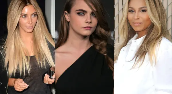 Trois femmes aux cheveux blonds, résultat d'une coloration sur brune. Kim Kardashian, Cara Delevingne et Ciara affichent des mèches claires.