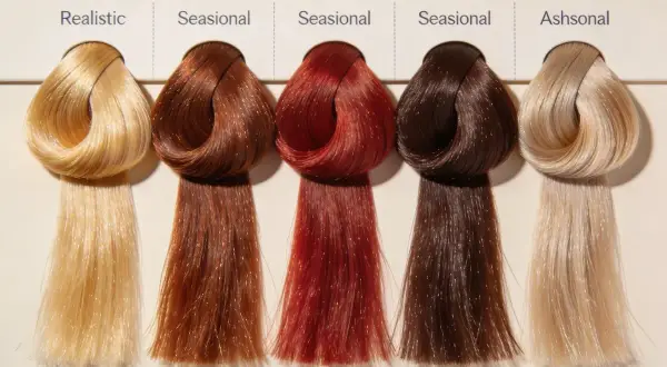 Échantillons de colorimétrie couleur cheveux : blond réaliste, roux saisonnier, rouge saisonnier, brun saisonnier, blond cendré.