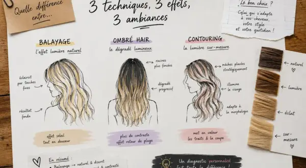 Comparaison visuelle des techniques de balayage, ombré hair et contouring pour comprendre la différence et choisir le style adapté.