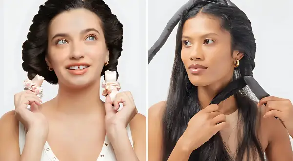 Tuto boucle sans chaleur : deux femmes montrent comment enrouler leurs cheveux sur un rouleau souple pour des ondulations naturelles.