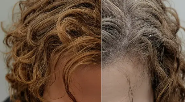 Cheveux gonflés avant et après traitement. La partie gauche montre des cheveux bruns et bouclés, la partie droite des cheveux plus fins et gris.