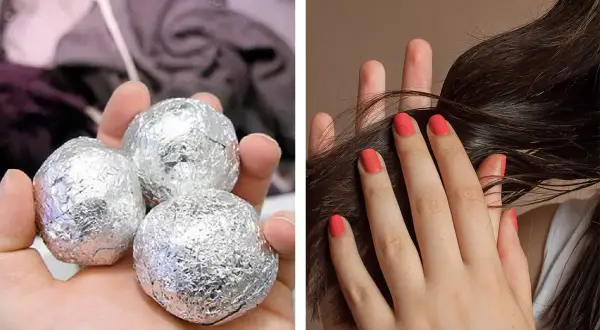Astuce pour enlever électricité statique cheveux : boules d'aluminium dans la sécheuse. Mains avec vernis corail caressant des cheveux bruns.