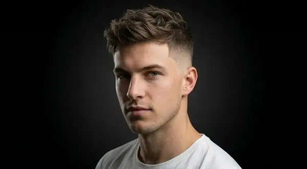 Un jeune homme au regard intense, arborant une coupe de cheveux moderne avec un dégradé inversé impeccable sur les côtés.