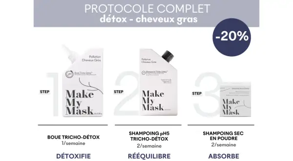 Protocole détox pour cheveux gras : boue, shampoing rééquilibrant, shampoing sec. Solution contre les cheveux gras.
