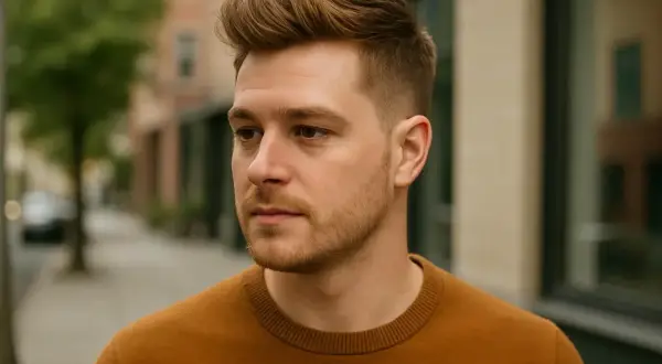 Un homme avec un quiff texturé, portant un pull marron, se tient dans une rue.