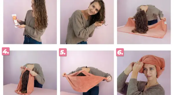 Étapes pour comment sécher ses cheveux bouclés avec une serviette : application de produit, scrunching, pose sur serviette, pliage, et turban.