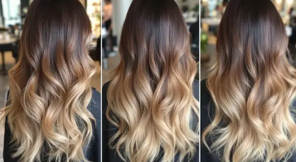 Chevelure brune aux pointes blondes, un magnifique balayage dégradé aux ondulations douces.