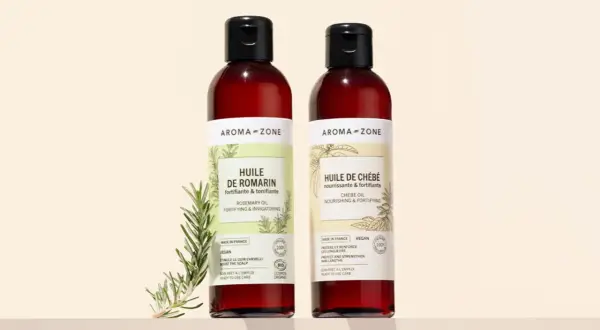 Deux flacons Aroma-Zone : Huile de Romarin et Huile de Chébé, pour comment fortifier ses cheveux.