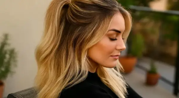 Une femme aux cheveux blonds dégradés, attachés en queue de cheval haute. Une inspiration pour savoir comment faire un balayage maison.