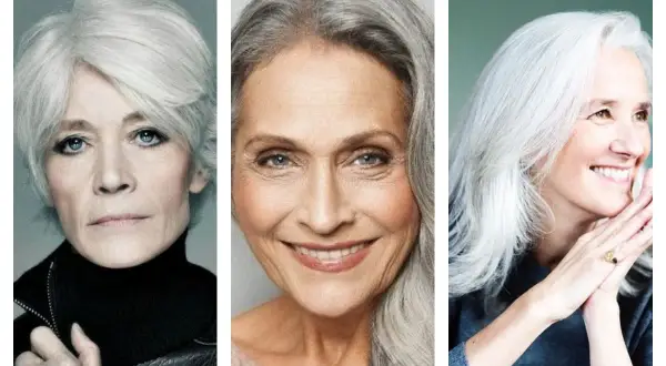 Trois femmes aux cheveux gris, dont une avec un carré dégradé, affichent leur beauté naturelle.