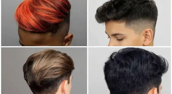 Quatre styles de coupe ado : cheveux roux dégradés, bruns ondulés, blonds et noirs.