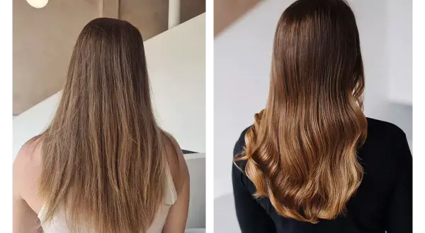 Avant/après : des mèches subtiles et lumineuses obtenues avec une coloration végétale.
