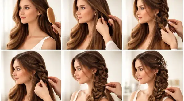 Étapes pour réaliser une magnifique tresse hollandaise sur cheveux longs. Une coiffure élégante et romantique.