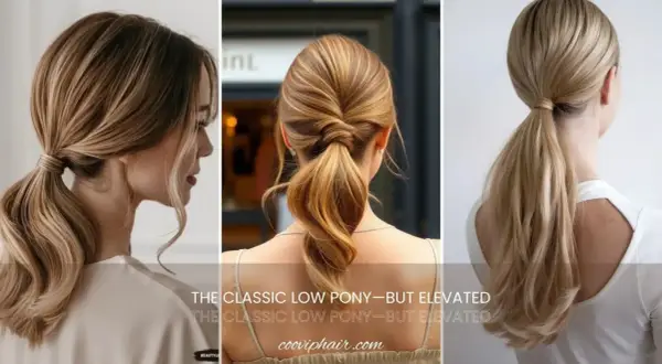 Trois vues de chignons cheveux long : une queue de cheval basse classique, une torsadée et une autre ondulée.