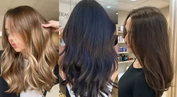 Trois femmes aux cheveux longs et ondulés. La première a une coloration ton sur ton châtain clair avec des reflets blonds. La deuxième a des cheveux d'un noir profond. La troisième a une coloration ton sur ton châtain foncé.