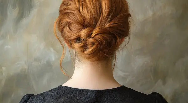Une chevelure rousse magnifiquement coiffée en un chignon tressé, orné de quelques mèches rebelles.