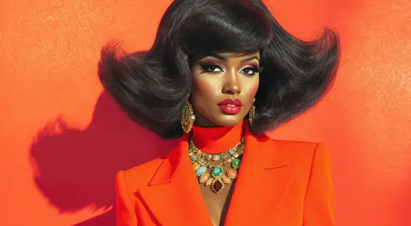 Une femme arbore une coiffure année 70 volumineuse et des bijoux éclatants, vêtue d'un blazer orange vif.
