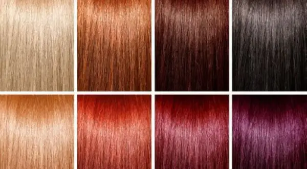 Échantillons de mèches de cheveux : blond, roux, brun, noir, cuivré, rouge vif, bordeaux et violet. Une palette pour aider à connaitre sa couleur de cheveux idéale.