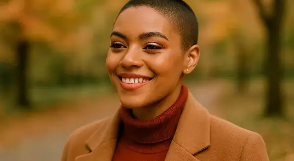 Une femme au buzz cut, souriante, porte un manteau camel et un col roulé rouille. L'automne est là.