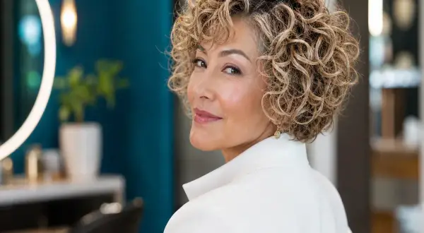Femme de 60 ans avec une magnifique coupe de cheveux frisés et bouclés, souriant avec confiance.