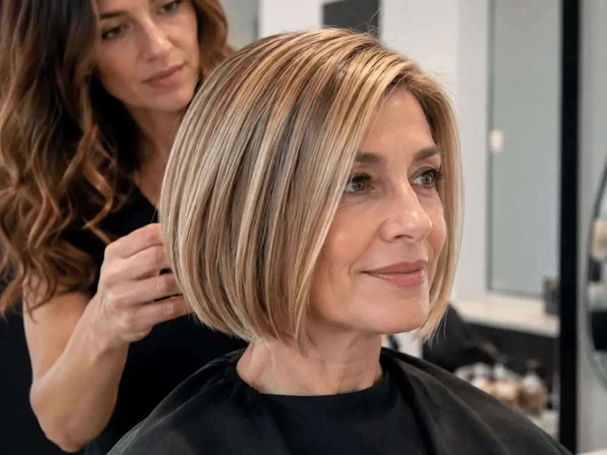 Une coiffeuse ajuste la coupe **comb over** d'une cliente souriante. Cheveux blonds et châtains, coupe courte et élégante.