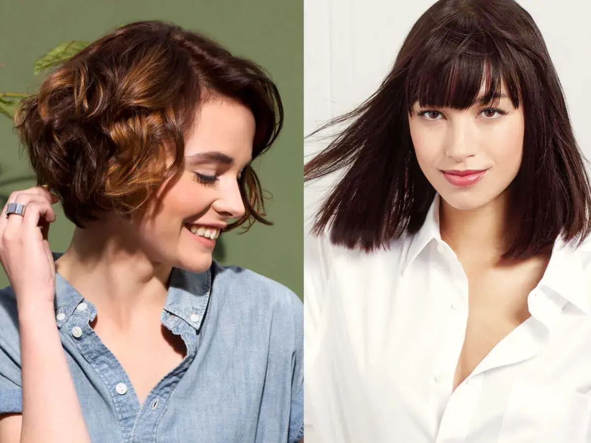 Deux femmes souriantes affichent un photo coupe carré femme. L'une a un carré court ondulé, l'autre un carré long avec frange.