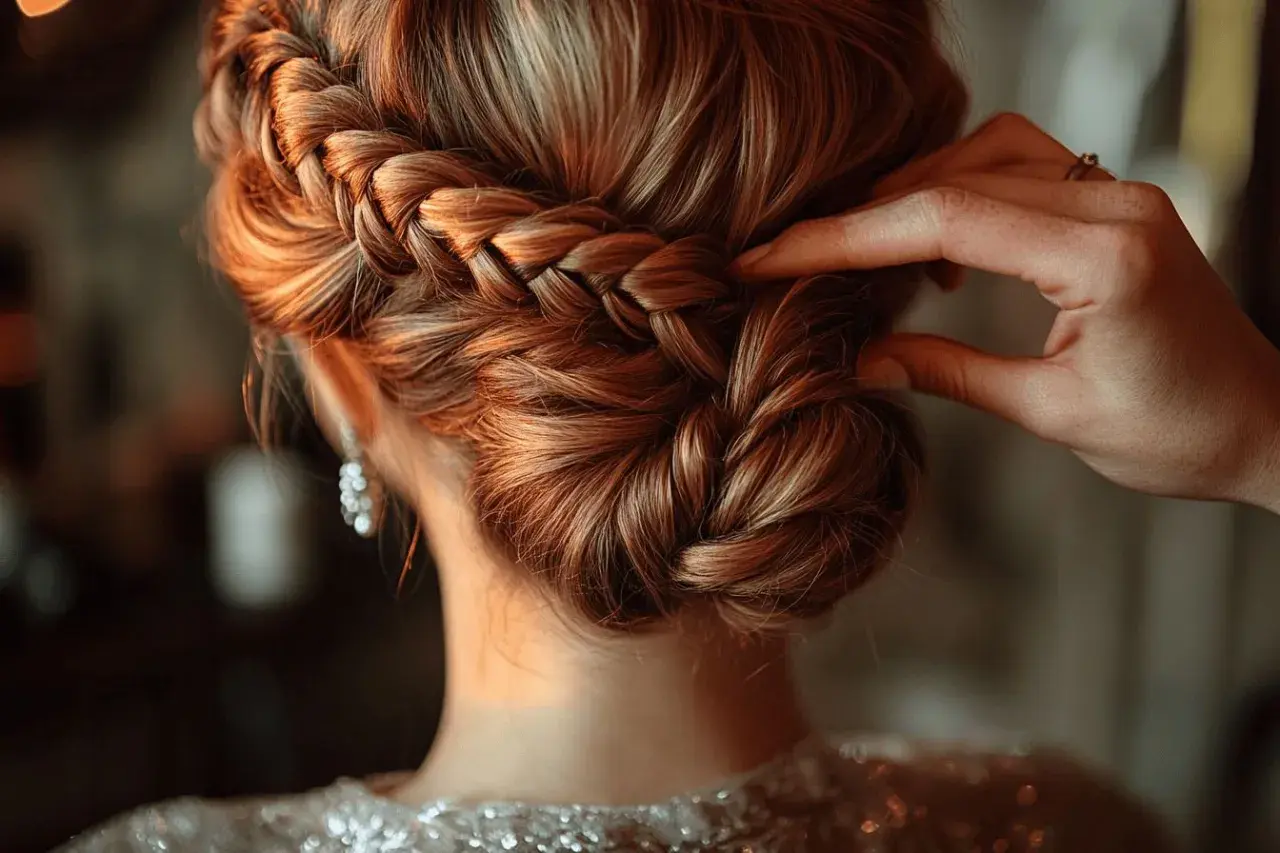 Une main ajuste une magnifique coiffure tresse, un chignon élégant orné de mèches blondes cuivrées.