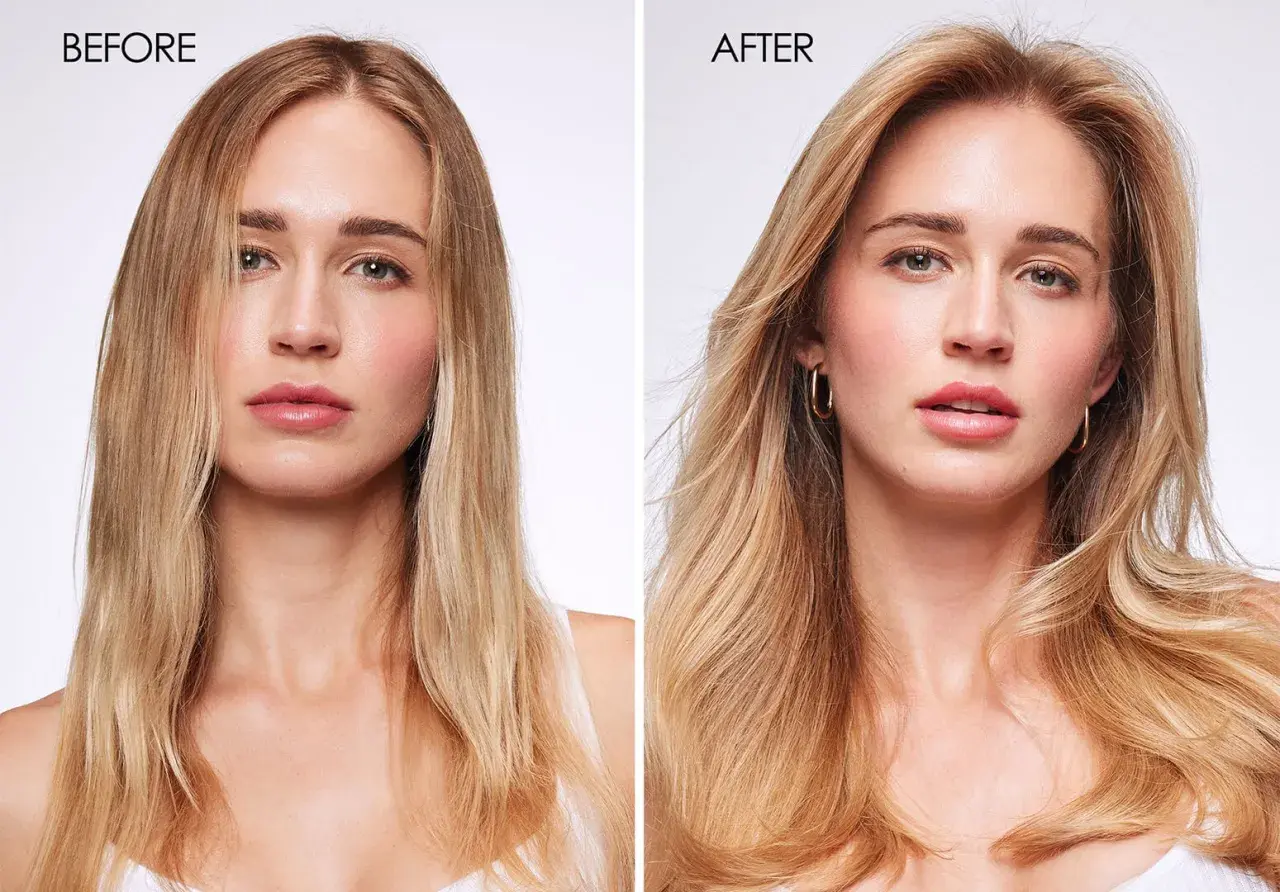 Avant/après : des cheveux fins transformés en une chevelure volumineuse et éclatante.