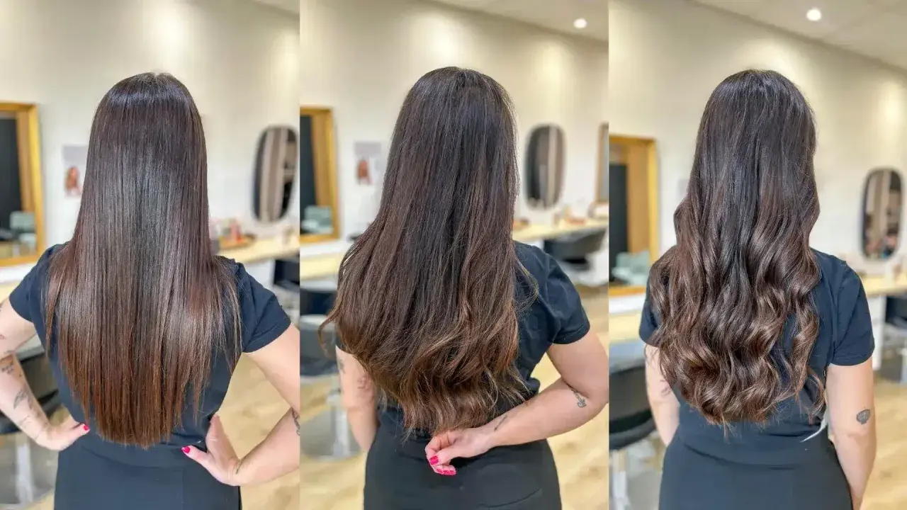 Trois vues du dos d'une femme montrant la transformation de ses cheveux : raides, ondulés puis bouclés après un brushing.