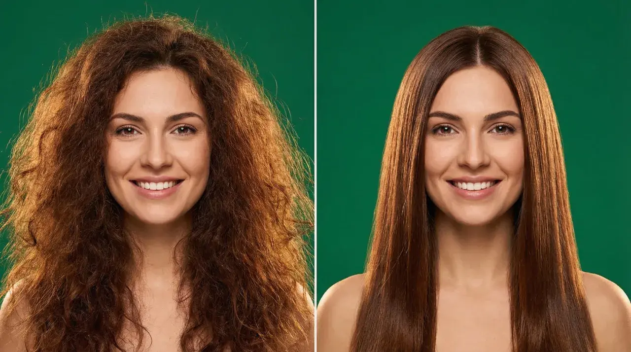 Avant/après : la différence entre un lissage brésilien et un lissage au tanin pour des cheveux lisses et brillants.