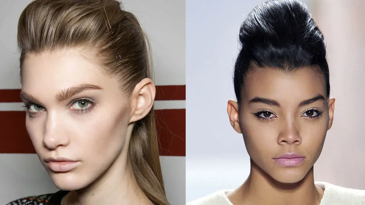 Deux mannequins arborent une coupe avec volume, l'une avec des épingles à cheveux dorées, l'autre avec un chignon haut.