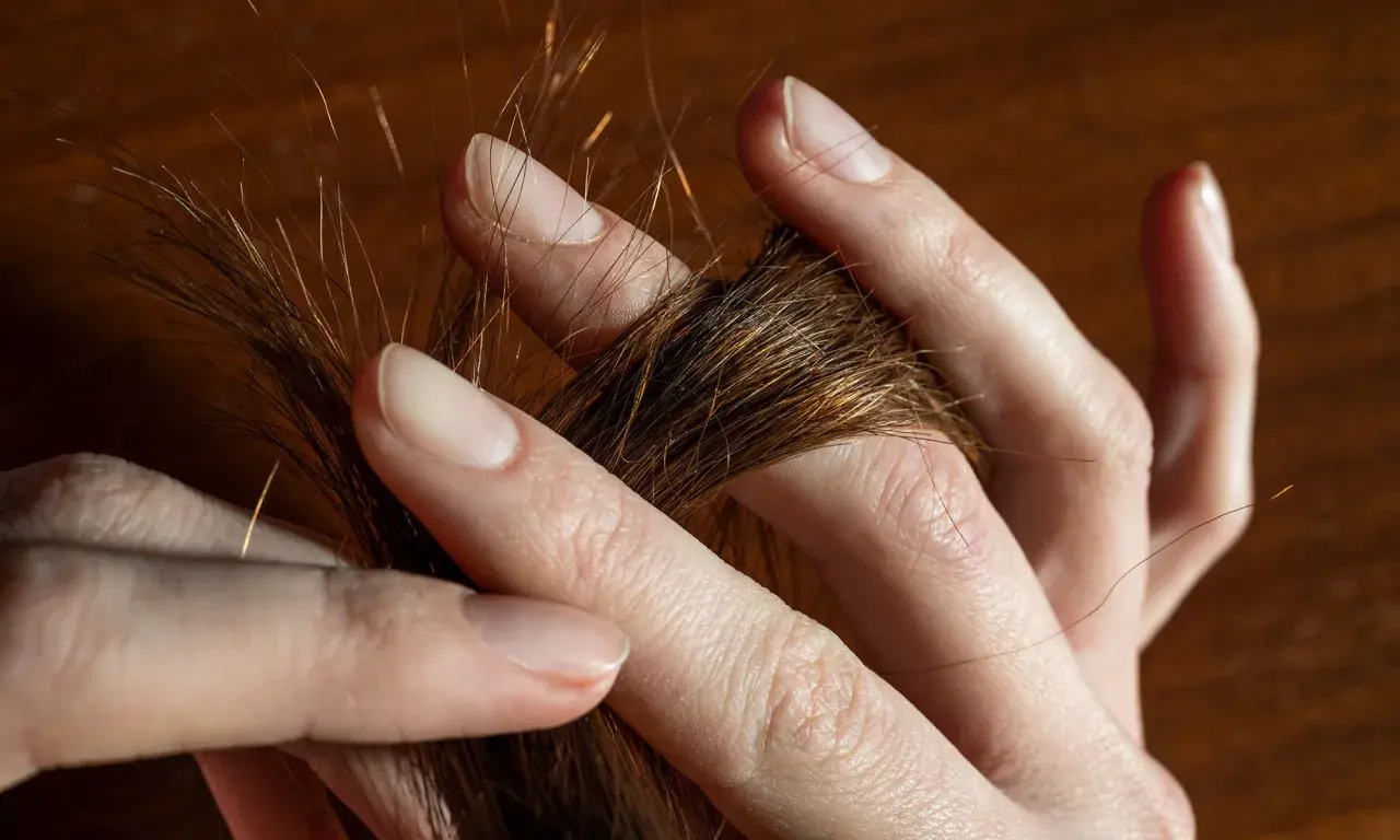 Des doigts effleurent une mèche de cheveux châtains, comme une **fourche à cheveux** naturelle, révélant des reflets dorés sous la lumière.