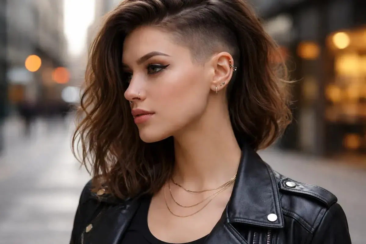 Une femme aux cheveux rasés sur les côtés, portant une veste en cuir et plusieurs bijoux, pose en extérieur.