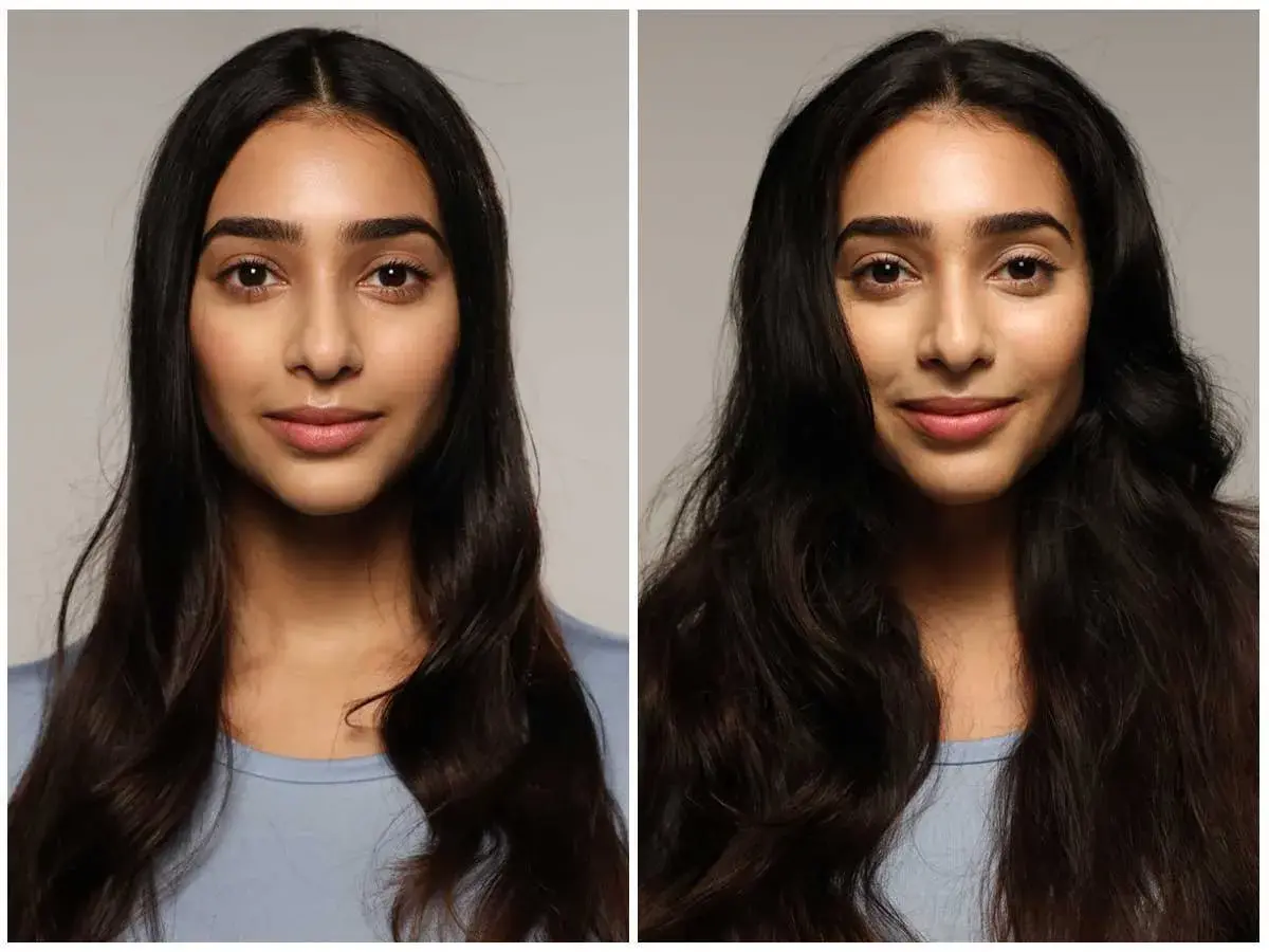 Avant/après : une femme aux cheveux bruns, lisses puis ondulés. Elle ne se rince pas les cheveux tous les jours.