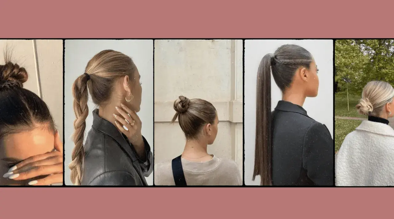 Cinq coiffures plaquées pour cheveux mi-longs : chignons, queues de cheval tressées et lisses.
