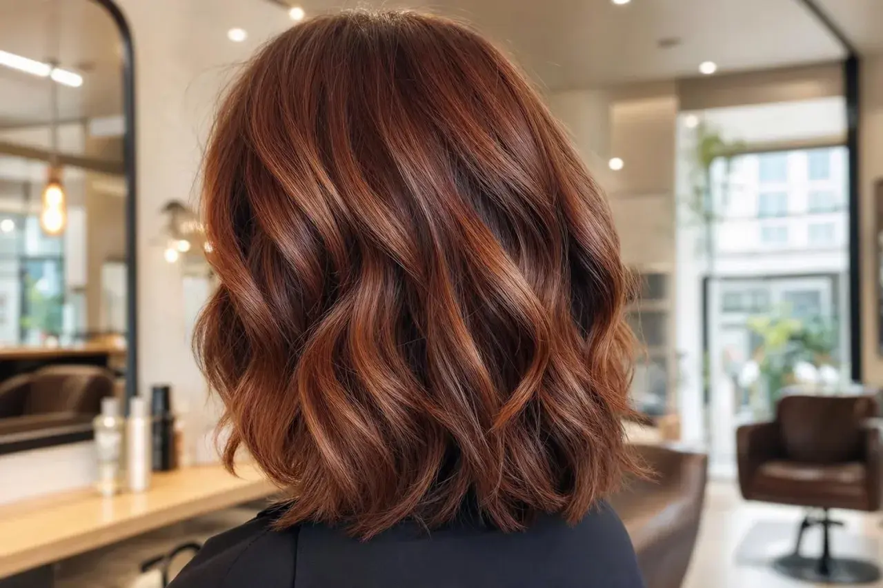 Chevelure ondulée aux reflets cuivrés, une transformation réussie de brune à rousse, mise en valeur dans un salon de coiffure moderne.