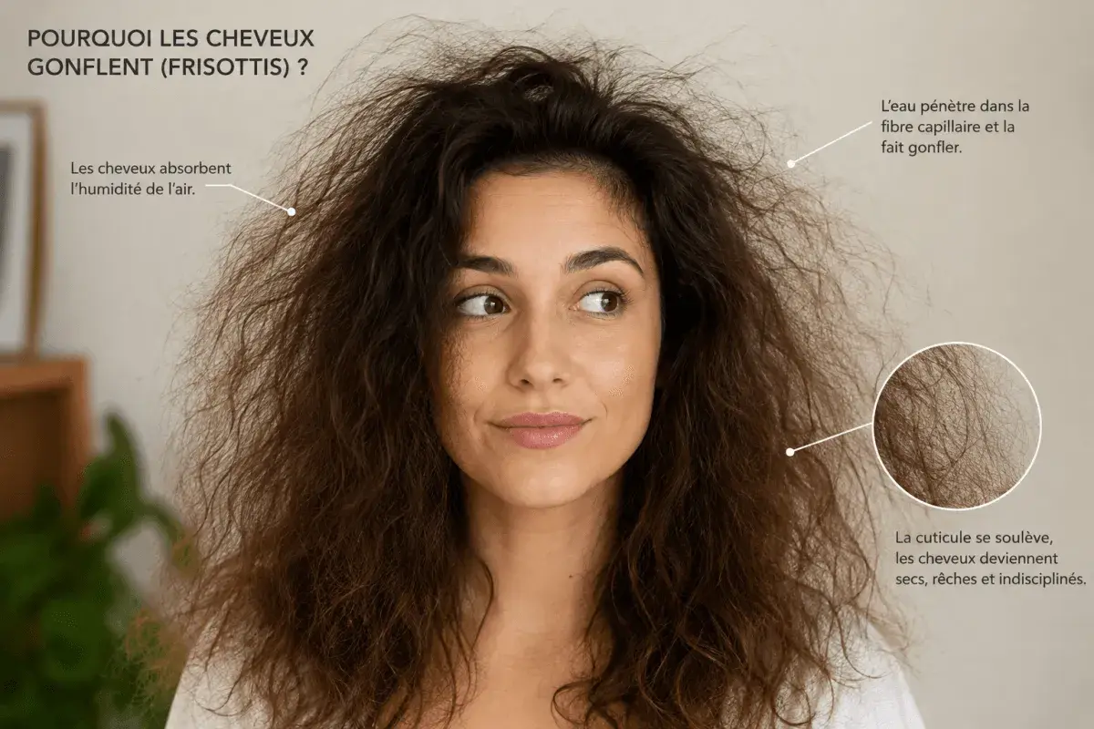 Une femme aux cheveux gonflés et indisciplinés, expliquant pourquoi mes cheveux gonflent à cause de l'humidité et de la cuticule soulevée.