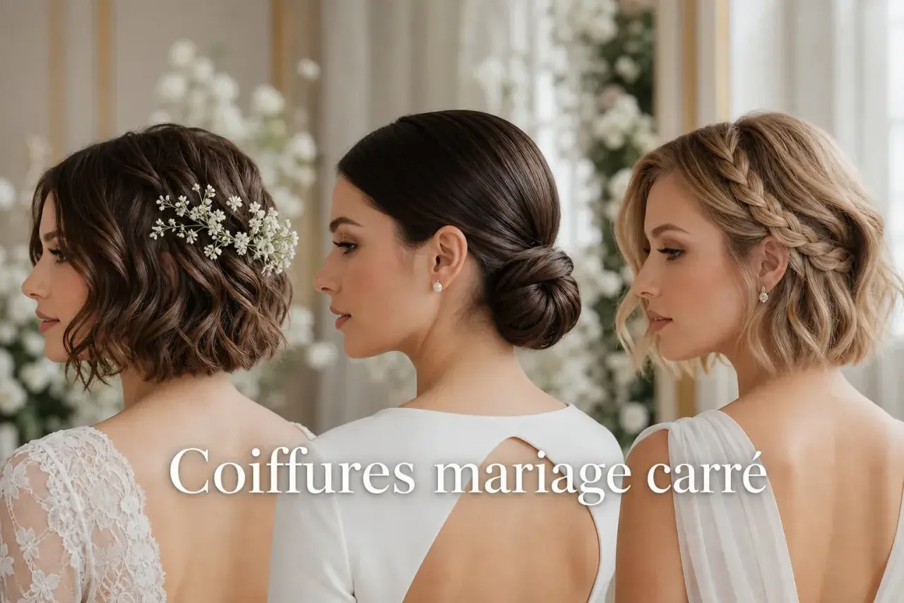 Trois mariées aux cheveux carrés : l'une ornée de fleurs, l'autre en chignon élégant, la troisième avec une tresse sur le côté.
