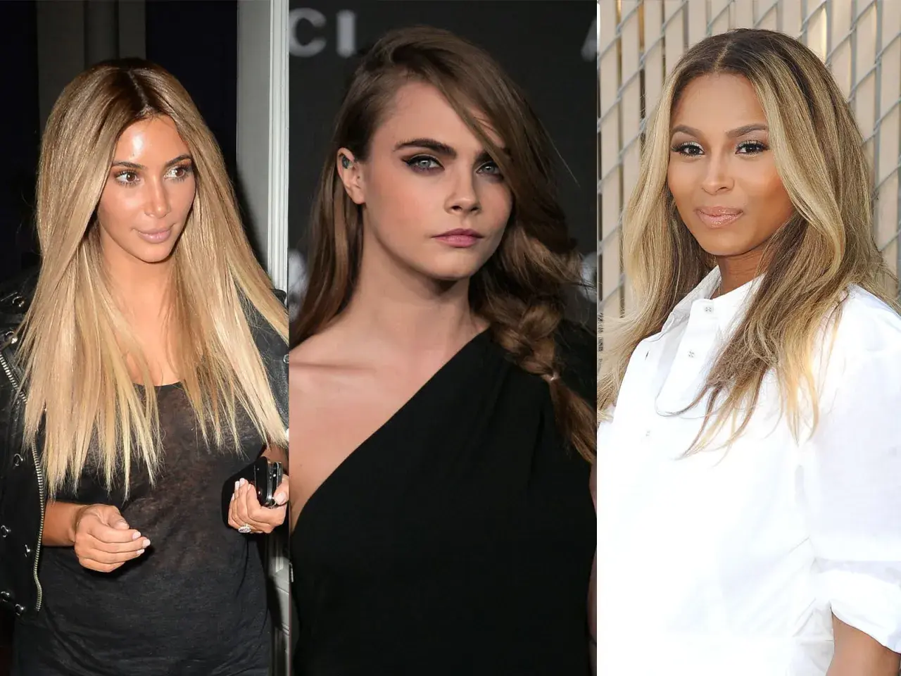 Trois femmes aux cheveux blonds, résultat d'une coloration sur brune. Kim Kardashian, Cara Delevingne et Ciara affichent des mèches claires.