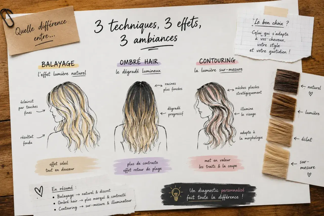 Comparaison visuelle des techniques de balayage, ombré hair et contouring pour comprendre la différence et choisir le style adapté.
